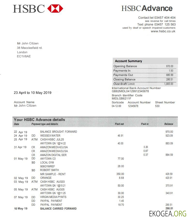 Modèle de justificatif de domicile de la banque HSBC du Royaume Uni au format PSD, entièrement modifiable
